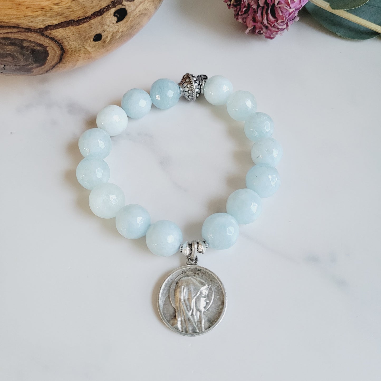 Aquamarine Faceted 12mm Beaded Bracelet w/ Our Lady of Lourdes Large Round Medal from France