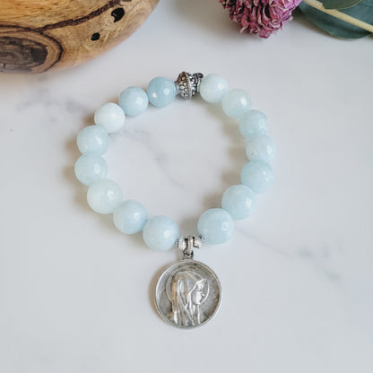 Aquamarine Faceted 12mm Beaded Bracelet w/ Our Lady of Lourdes Large Round Medal from France