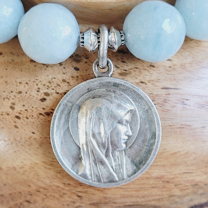 Aquamarine Faceted 12mm Beaded Bracelet w/ Our Lady of Lourdes Large Round Medal from France