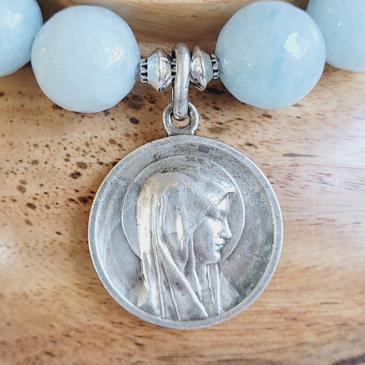 Aquamarine Faceted 12mm Beaded Bracelet w/ Our Lady of Lourdes Large Round Medal from France