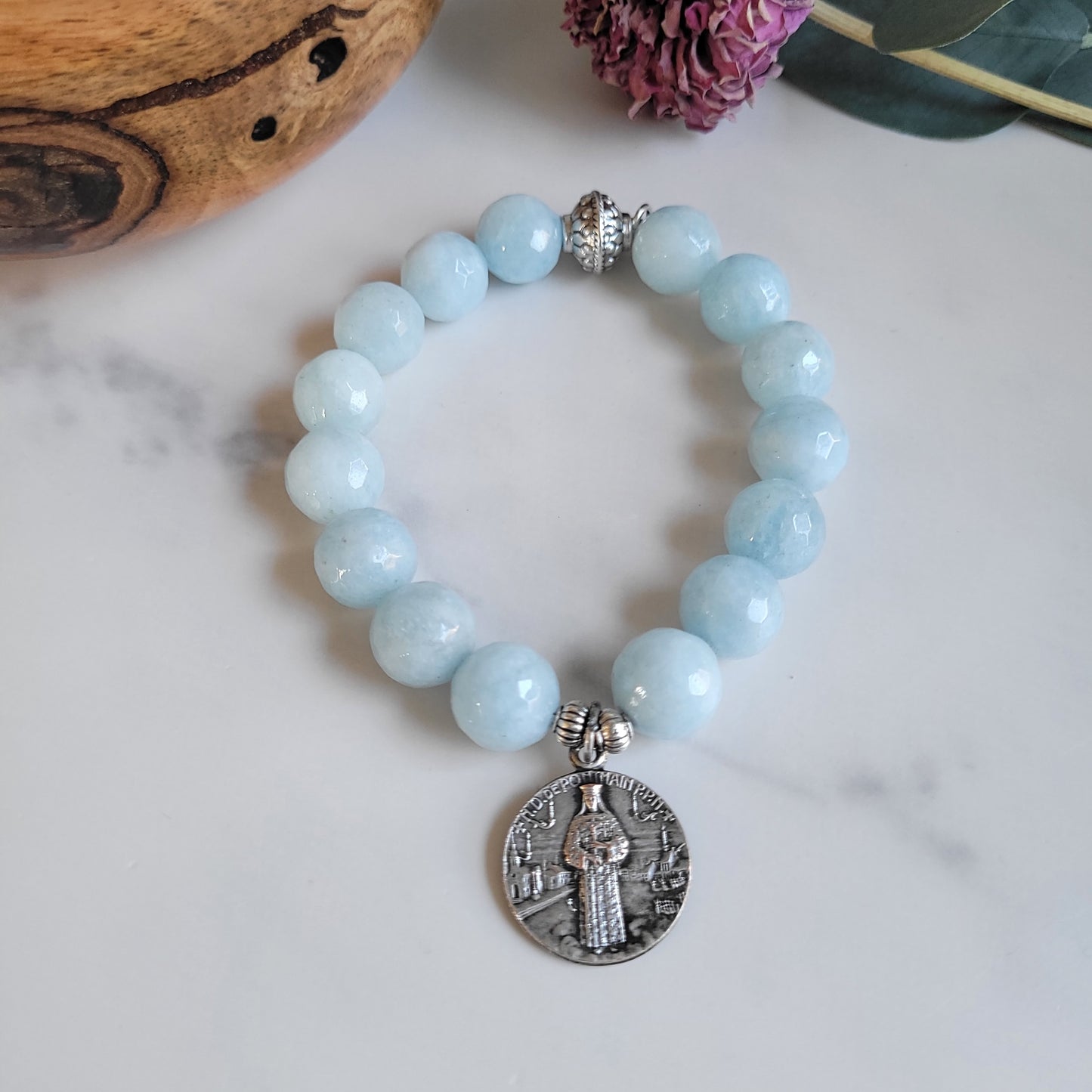 Aquamarine Faceted 12mm Beaded Bracelet w/ Notre Dame de Pontmain Vintage Silver Plated Medal