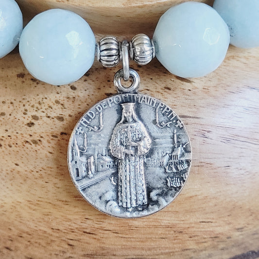 Aquamarine Faceted 12mm Beaded Bracelet w/ Notre Dame de Pontmain Vintage Silver Plated Medal