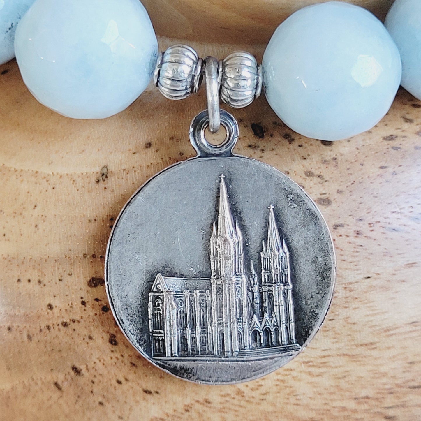 Aquamarine Faceted 12mm Beaded Bracelet w/ Notre Dame de Pontmain Vintage Silver Plated Medal