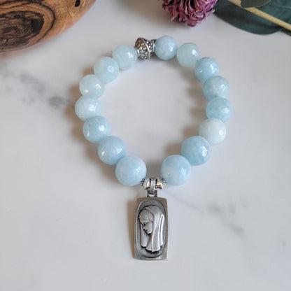 Aquamarine Faceted 12mm Beaded Bracelet w/ Our Lady of Lourdes Signed Large Rectangle Sterling Silver Medal