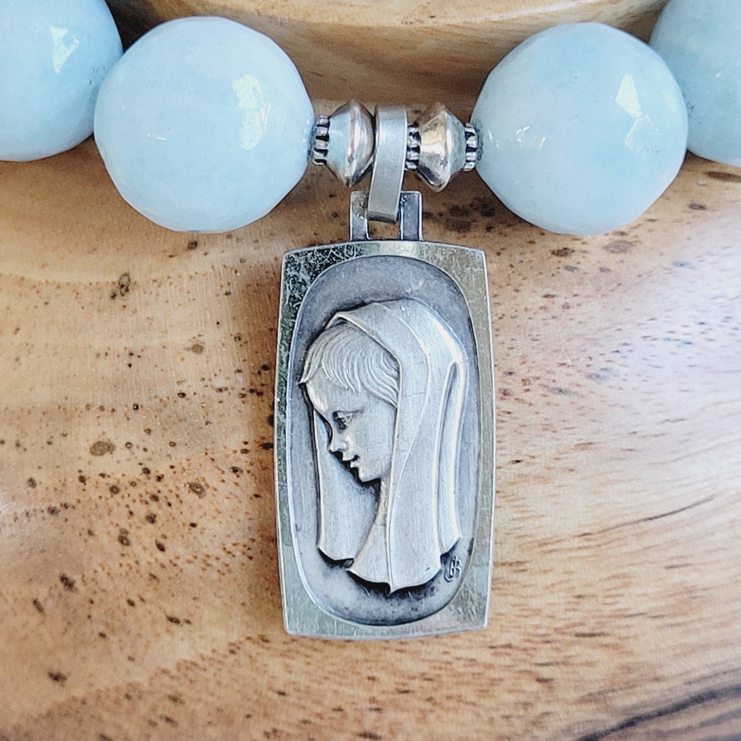 Aquamarine Faceted 12mm Beaded Bracelet w/ Our Lady of Lourdes Signed Large Rectangle Sterling Silver Medal