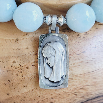 Aquamarine Faceted 12mm Beaded Bracelet w/ Our Lady of Lourdes Signed Large Rectangle Sterling Silver Medal