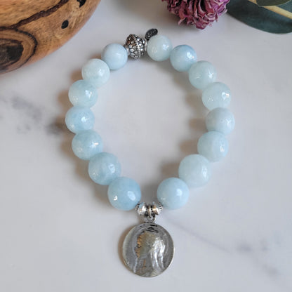 Aquamarine Faceted 12mm Beaded Bracelet w/ Our Lady of Lourdes Signed Sterling Silver Medal
