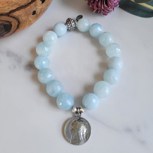 Aquamarine Faceted 12mm Beaded Bracelet w/ Our Lady of Lourdes Signed Sterling Silver Medal