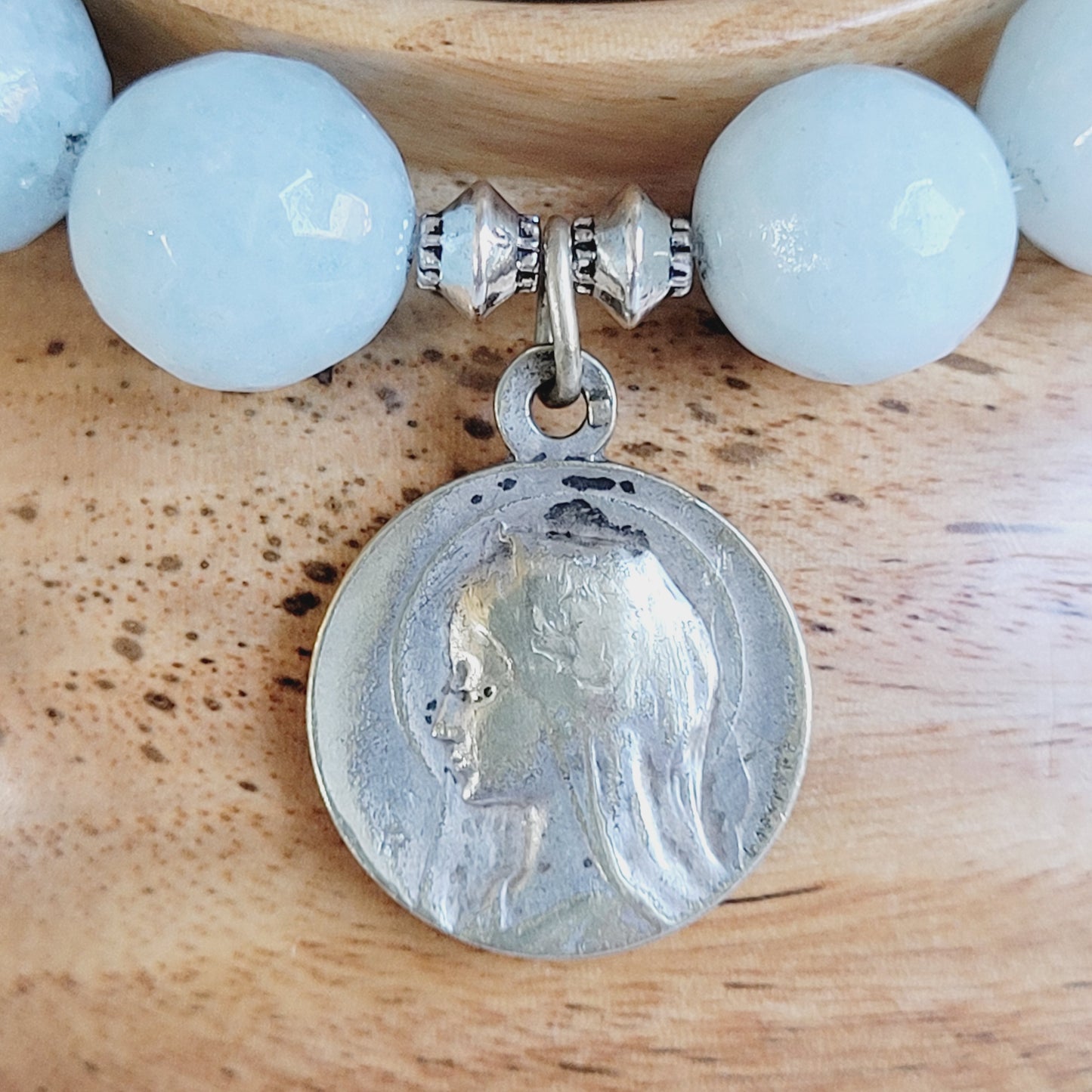 Aquamarine Faceted 12mm Beaded Bracelet w/ Our Lady of Lourdes Signed Sterling Silver Medal
