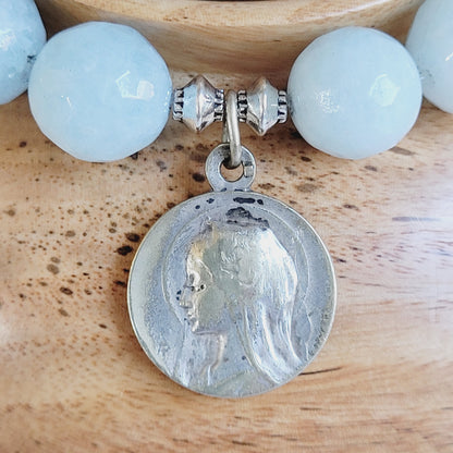 Aquamarine Faceted 12mm Beaded Bracelet w/ Our Lady of Lourdes Signed Sterling Silver Medal