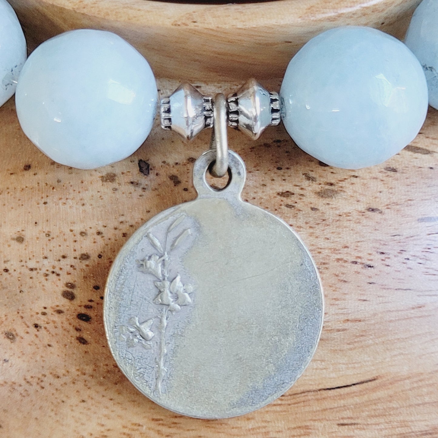 Aquamarine Faceted 12mm Beaded Bracelet w/ Our Lady of Lourdes Signed Sterling Silver Medal