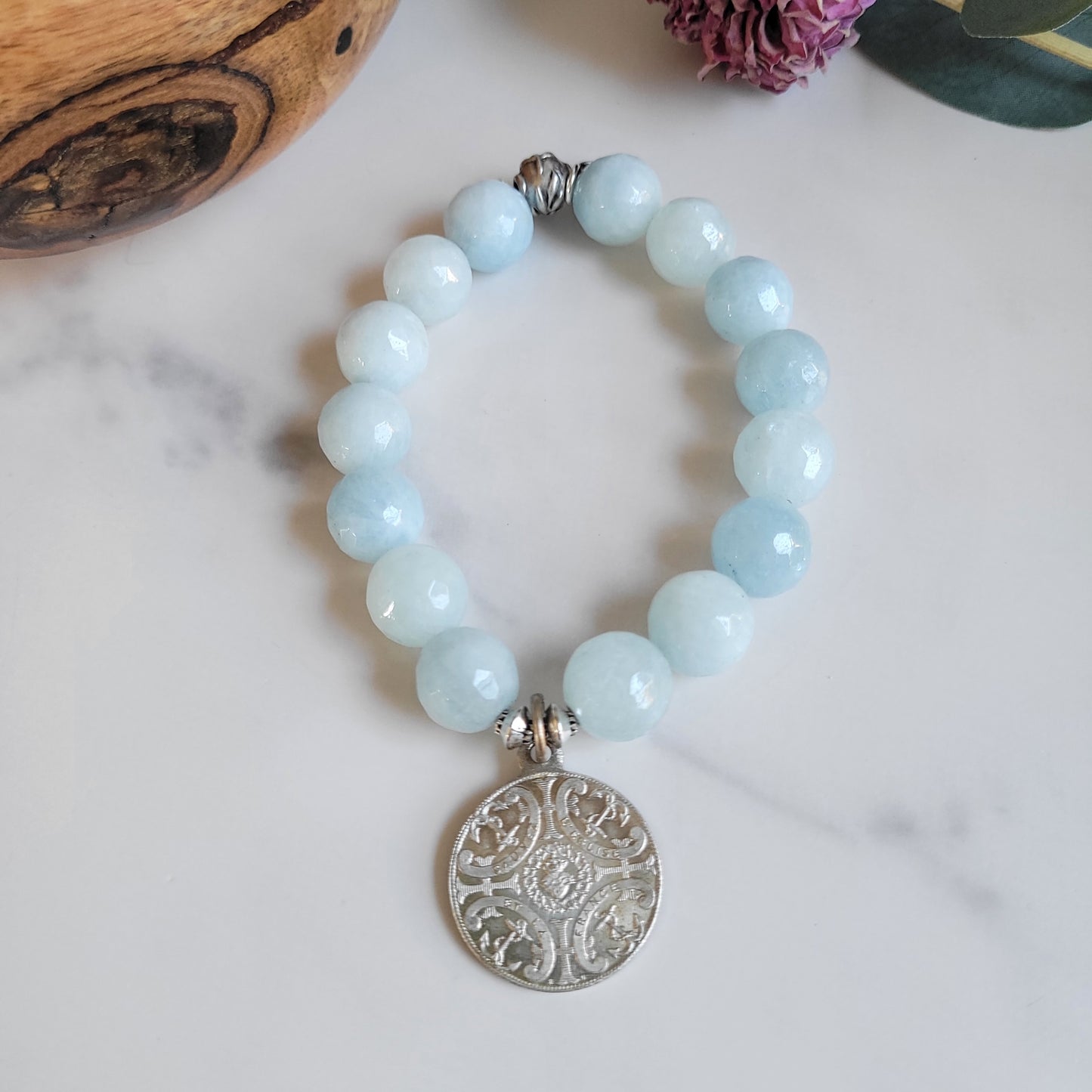 Aquamarine Faceted 12mm Beaded Bracelet w/ Sacred Heart of Jesus Vintage Sterling Silver Medal