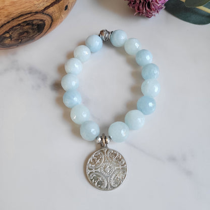 Aquamarine Faceted 12mm Beaded Bracelet w/ Sacred Heart of Jesus Vintage Sterling Silver Medal
