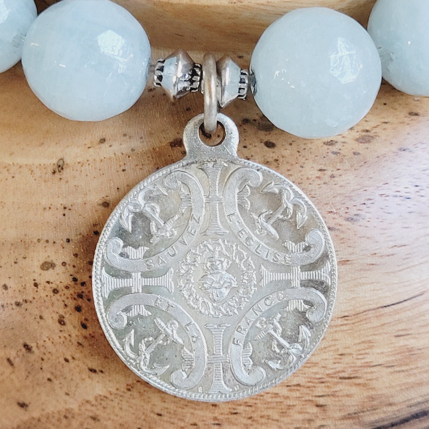 Aquamarine Faceted 12mm Beaded Bracelet w/ Sacred Heart of Jesus Vintage Sterling Silver Medal