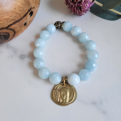 Aquamarine Faceted 12mm Beaded Bracelet w/ The Virgin Mary Gold Plated Stylized Medal