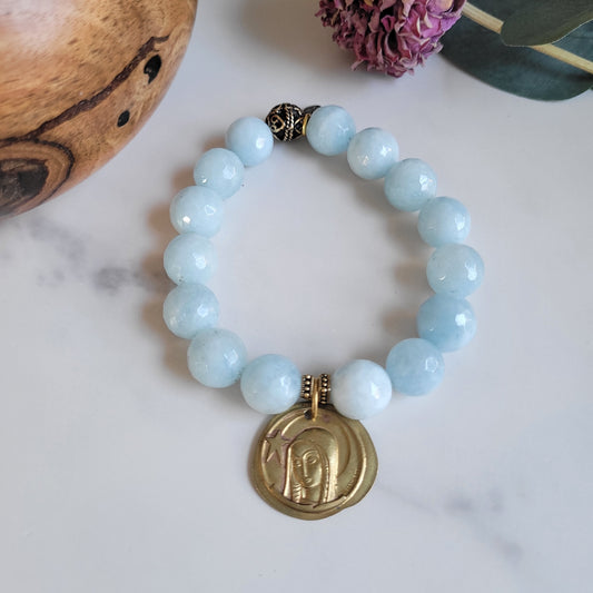 Aquamarine Faceted 12mm Beaded Bracelet w/ The Virgin Mary Gold Plated Stylized Medal