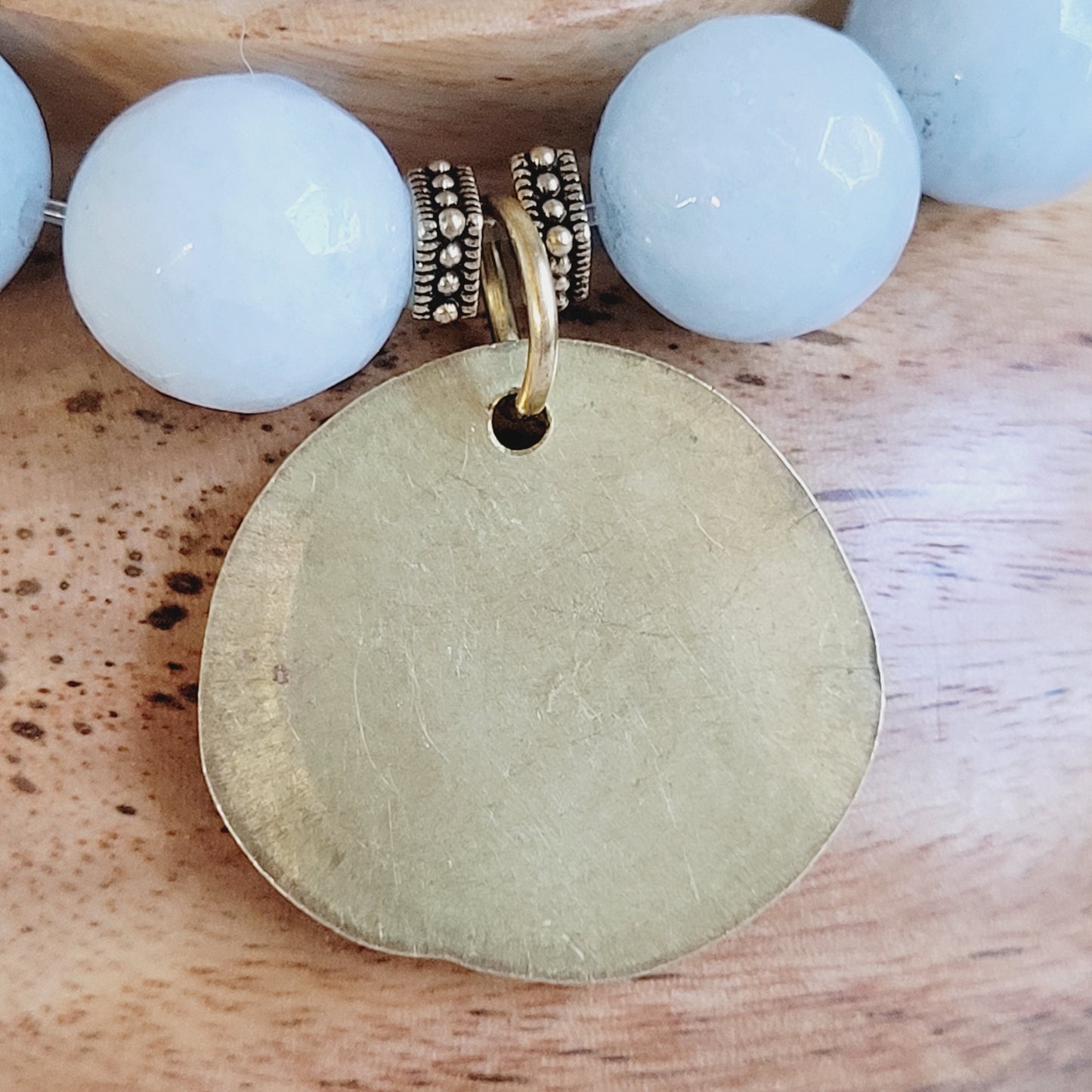 Aquamarine Faceted 12mm Beaded Bracelet w/ The Virgin Mary Gold Plated Stylized Medal