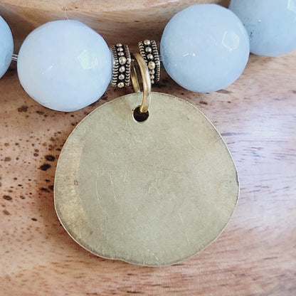 Aquamarine Faceted 12mm Beaded Bracelet w/ The Virgin Mary Gold Plated Stylized Medal