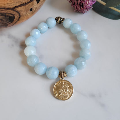 Aquamarine Faceted 12mm Beaded Bracelet w/ St. George and the Dragon Vintage Gold Plated Medal