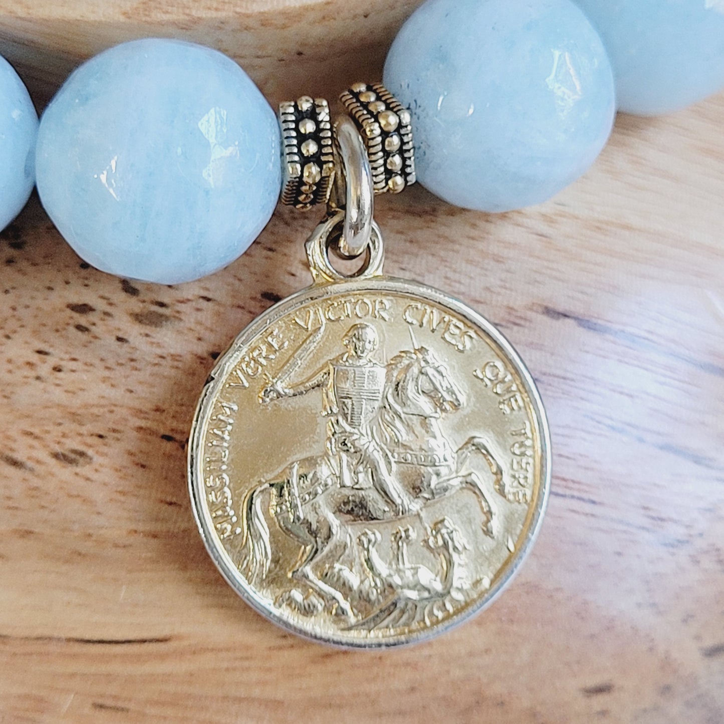 Aquamarine Faceted 12mm Beaded Bracelet w/ St. George and the Dragon Vintage Gold Plated Medal