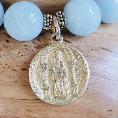 Aquamarine Faceted 12mm Beaded Bracelet w/ St. George and the Dragon Vintage Gold Plated Medal