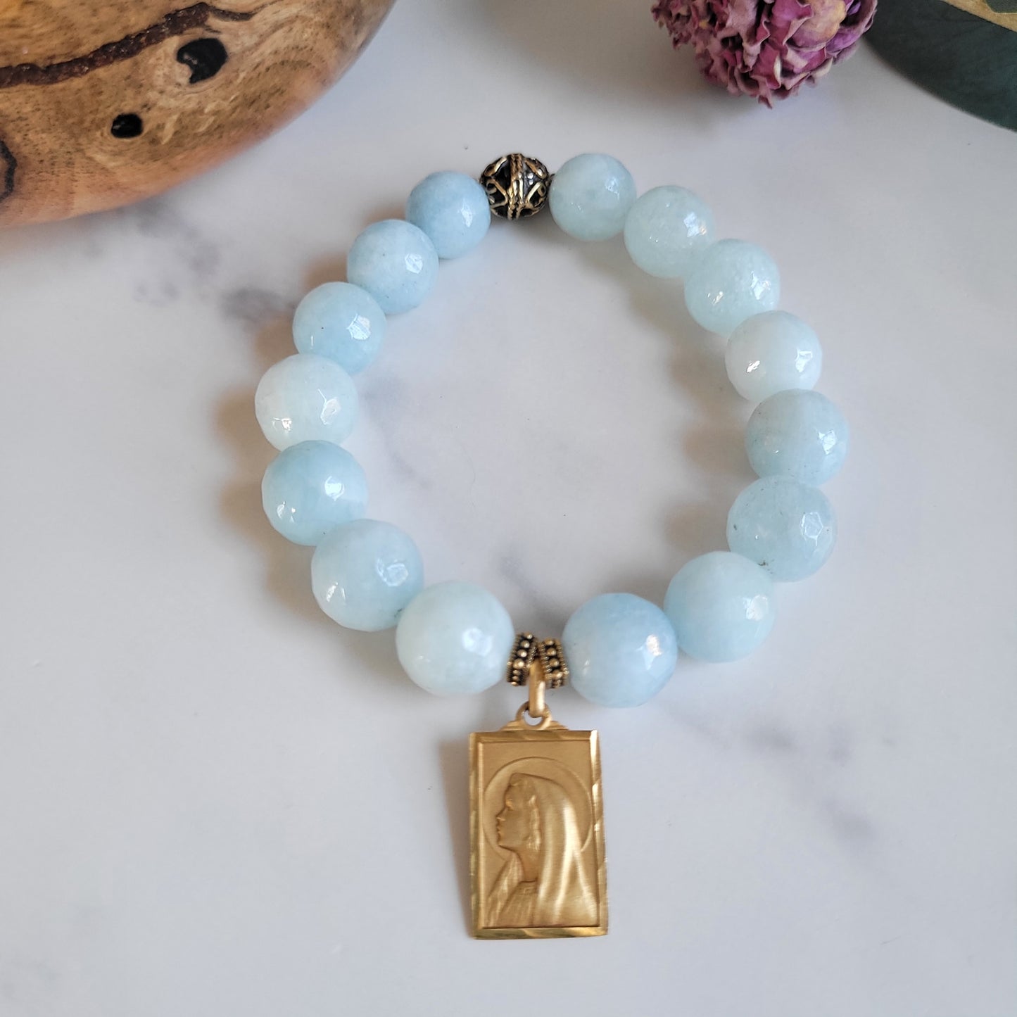 Aquamarine Faceted 12mm Beaded Bracelet w/ The Virgin Mary Vintage Gold Plate Medal