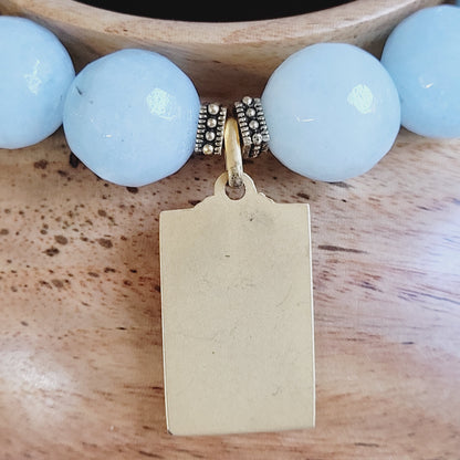 Aquamarine Faceted 12mm Beaded Bracelet w/ The Virgin Mary Vintage Gold Plate Medal