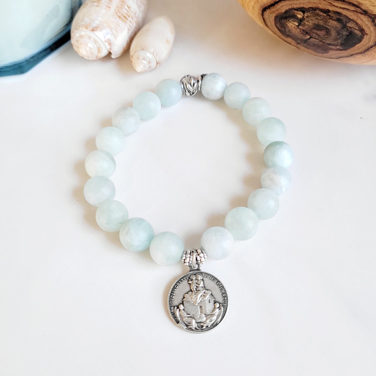 Aquamarine Matte 10mm Beaded Bracelet w/ Our Lady of Loreto from France Vintage Signed Sterling Silver Medal