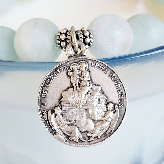 Aquamarine Matte 10mm Beaded Bracelet w/ Our Lady of Loreto from France Vintage Signed Sterling Silver Medal