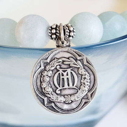 Aquamarine Matte 10mm Beaded Bracelet w/ Our Lady of Loreto from France Vintage Signed Sterling Silver Medal