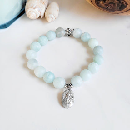 Aquamarine Matte 10mm Beaded Bracelet w/ St. Therese of Lisieux Vintage Silver Plated Medal