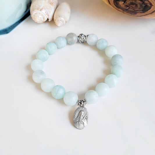 Aquamarine Matte 10mm Beaded Bracelet w/ St. Therese of Lisieux Vintage Silver Plated Medal