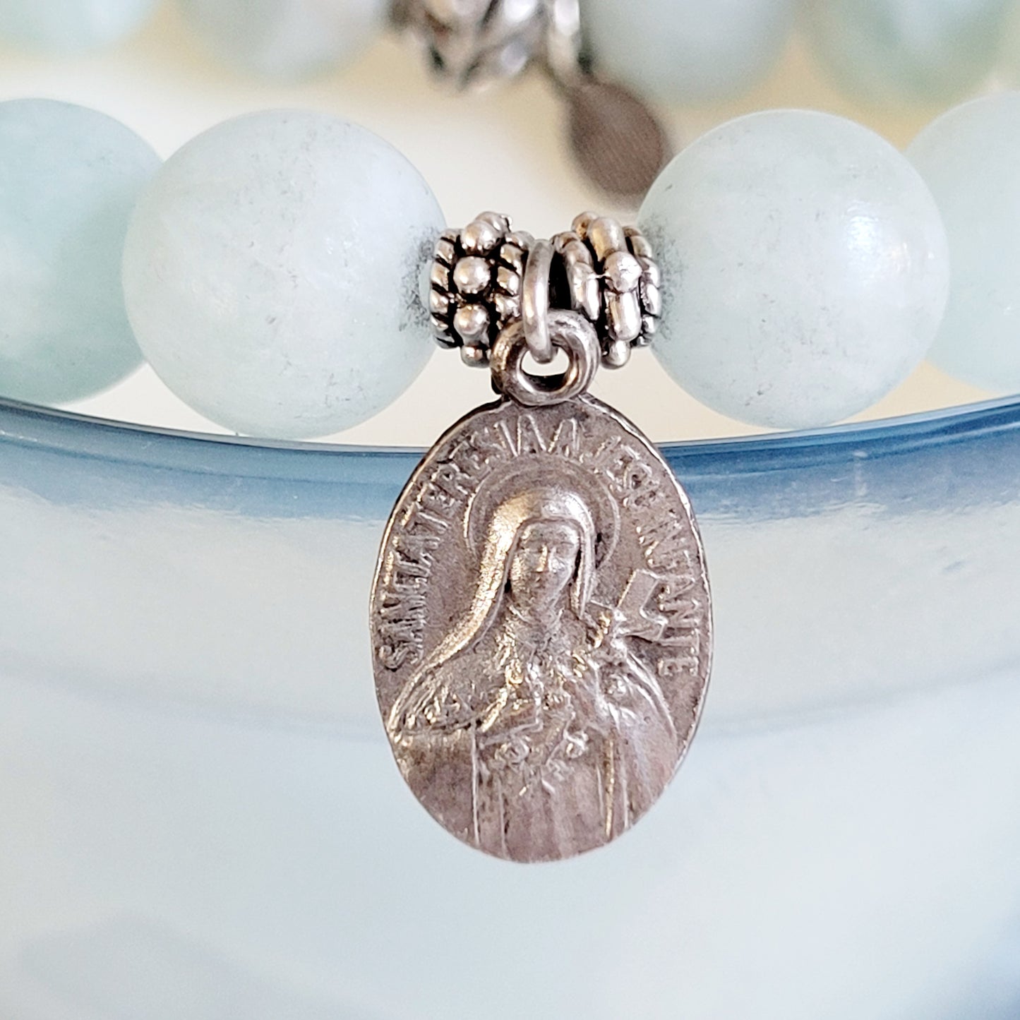 Aquamarine Matte 10mm Beaded Bracelet w/ St. Therese of Lisieux Vintage Silver Plated Medal