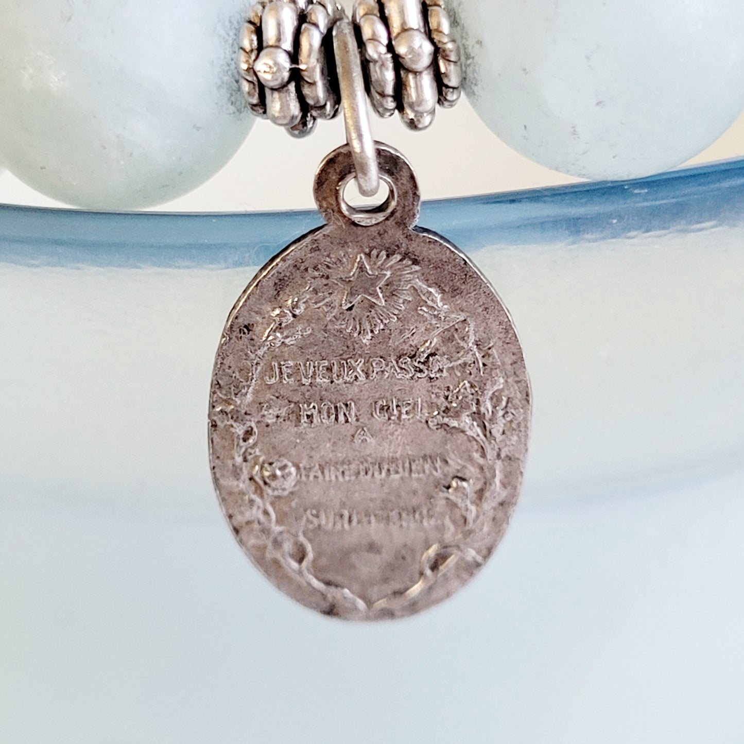 Aquamarine Matte 10mm Beaded Bracelet w/ St. Therese of Lisieux Vintage Silver Plated Medal