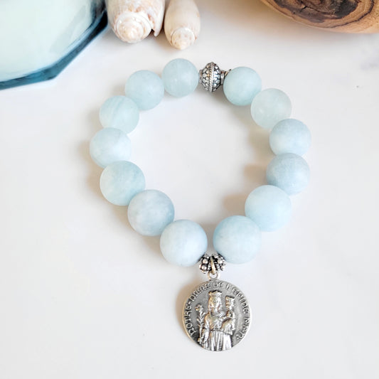 Aquamarine Matte 16mm Beaded Bracelet w/ Notre Dame de l'Epine Vintage Silver Plated Medal from France