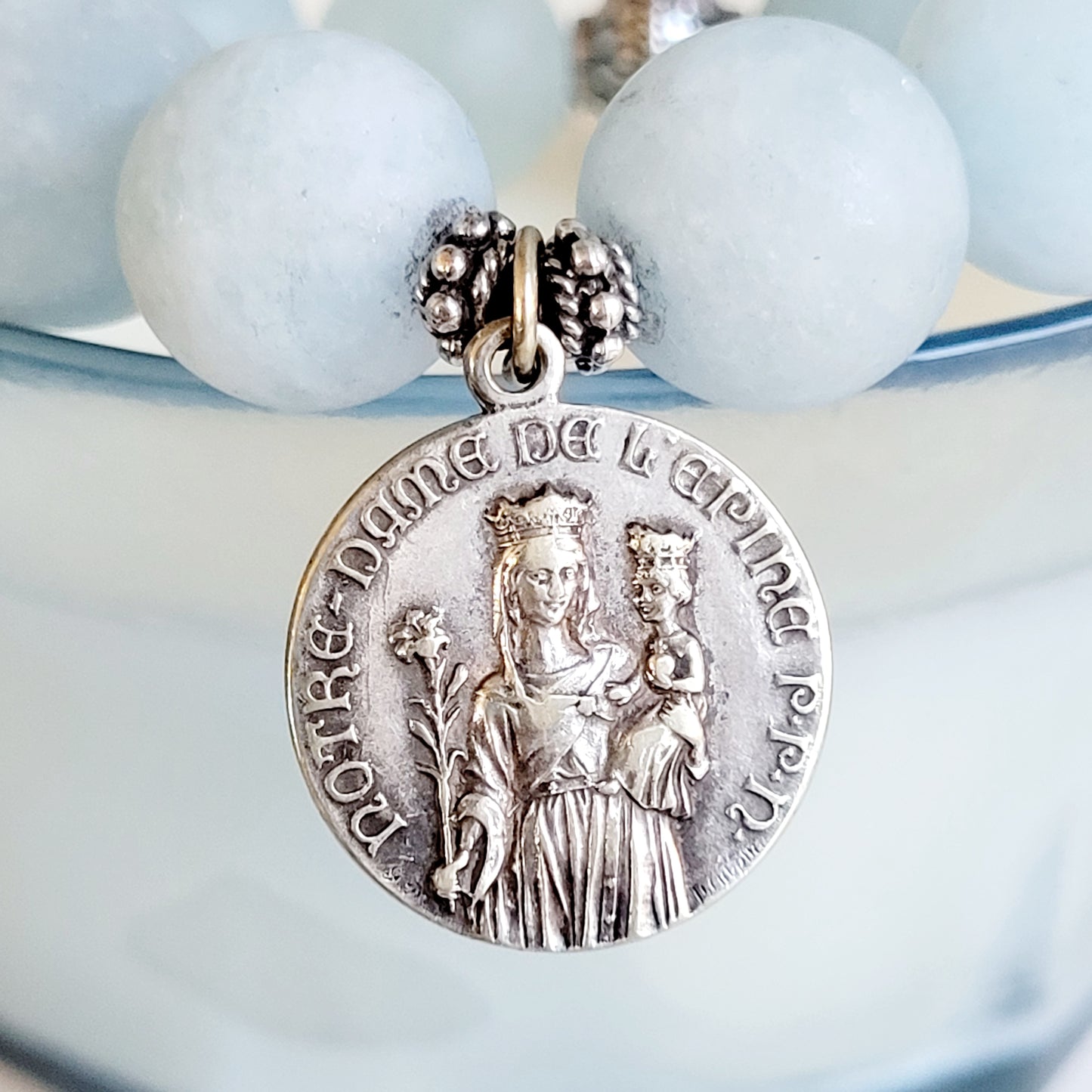 Aquamarine Matte 16mm Beaded Bracelet w/ Notre Dame de l'Epine Vintage Silver Plated Medal from France