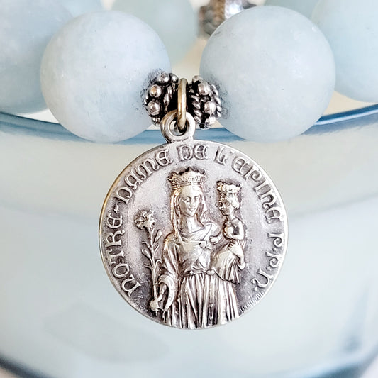 Aquamarine Matte 16mm Beaded Bracelet w/ Notre Dame de l'Epine Vintage Silver Plated Medal from France