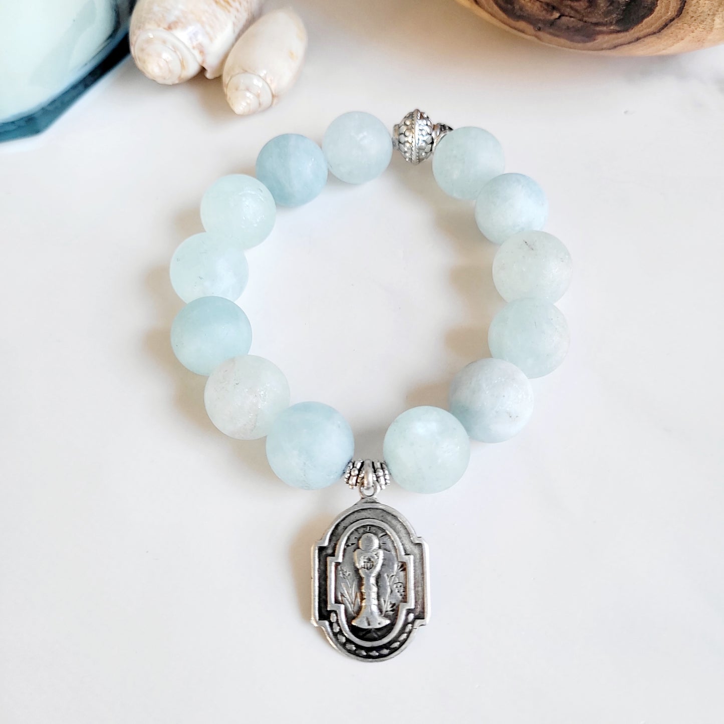 Aquamarine Matte 16mm Beaded Bracelet w/ Medal of Communion in Sterling Silver