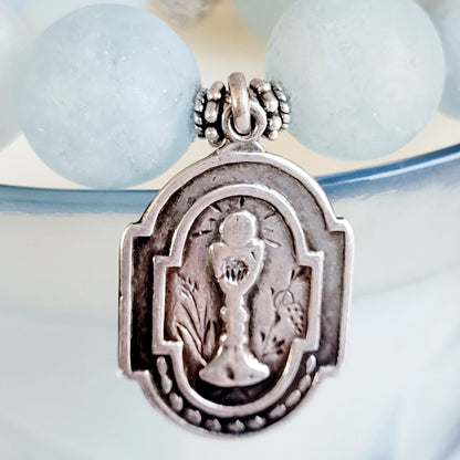 Aquamarine Matte 16mm Beaded Bracelet w/ Medal of Communion in Sterling Silver