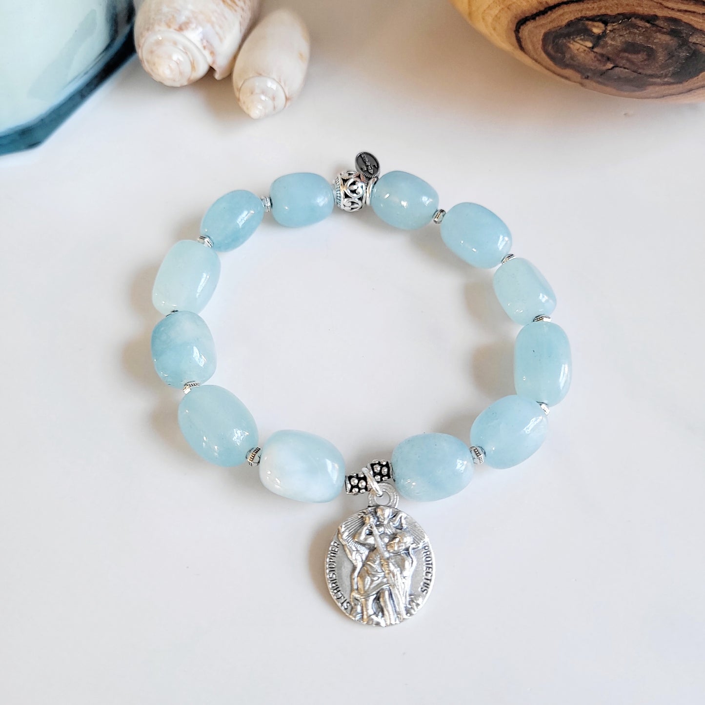 Aquamarine Pebble Smooth 12mm Beaded Bracelet w/ St. Christopher Sterling Silver Signed Medal