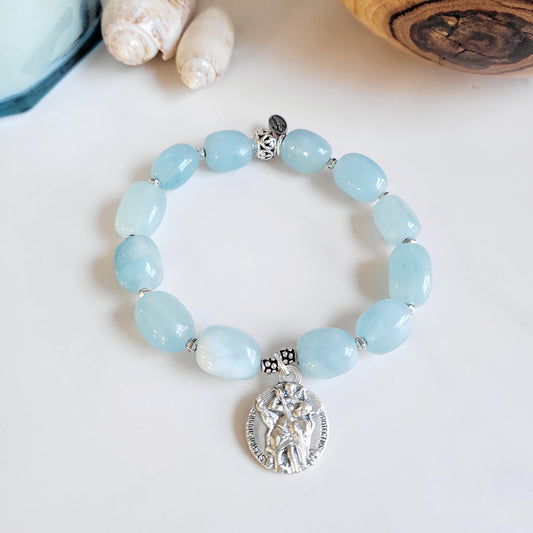 Aquamarine Pebble Smooth 12mm Beaded Bracelet w/ St. Christopher Sterling Silver Signed Medal