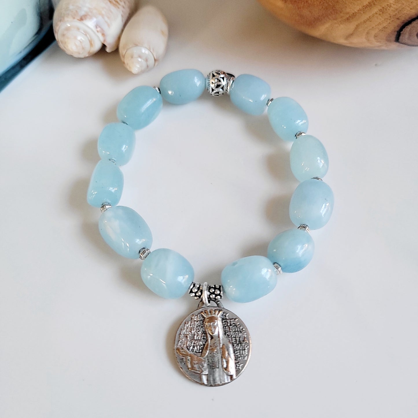 Aquamarine Pebble Smooth 12mm Beaded Bracelet w/ Our Lady of Beauraing Silver Plated Medal