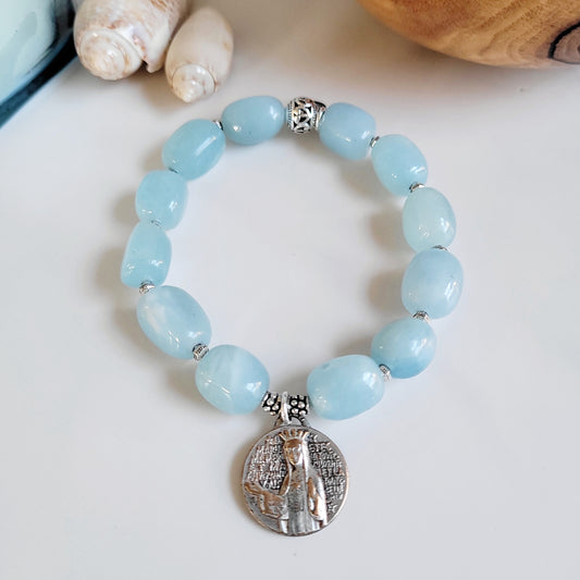 Aquamarine Pebble Smooth 12mm Beaded Bracelet w/ Our Lady of Beauraing Silver Plated Medal