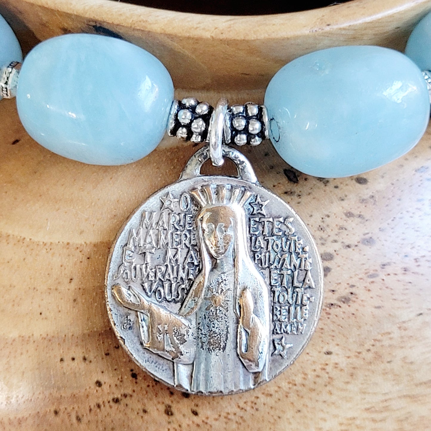 Aquamarine Pebble Smooth 12mm Beaded Bracelet w/ Our Lady of Beauraing Silver Plated Medal