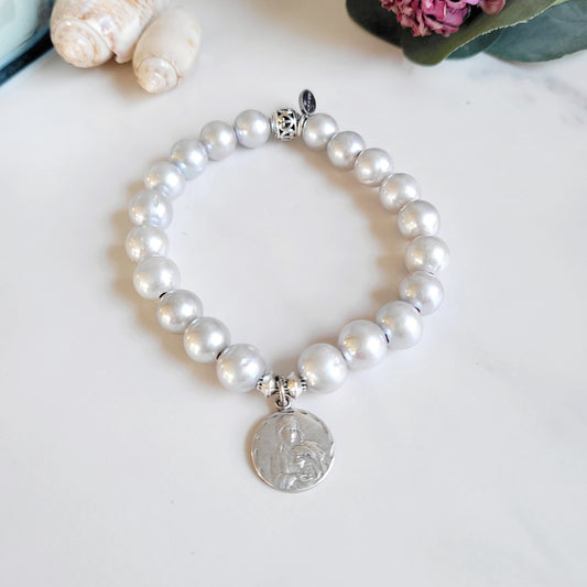Silver Freshwater Pearl 11mm Beaded Bracelet w/ Immaculate Heart of Mary Sterling Silver Round Medal