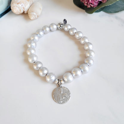 Silver Freshwater Pearl 11mm Beaded Bracelet w/ Immaculate Heart of Mary Sterling Silver Round Medal
