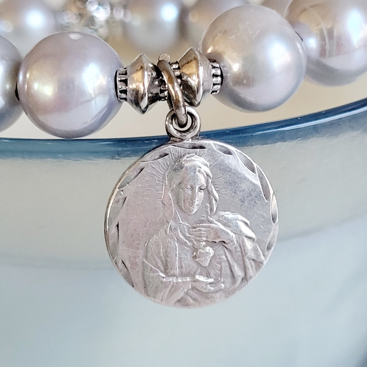 Silver Freshwater Pearl 11mm Beaded Bracelet w/ Immaculate Heart of Mary Sterling Silver Round Medal