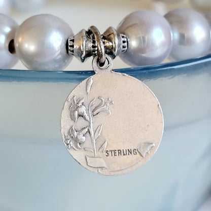 Silver Freshwater Pearl 11mm Beaded Bracelet w/ Immaculate Heart of Mary Sterling Silver Round Medal