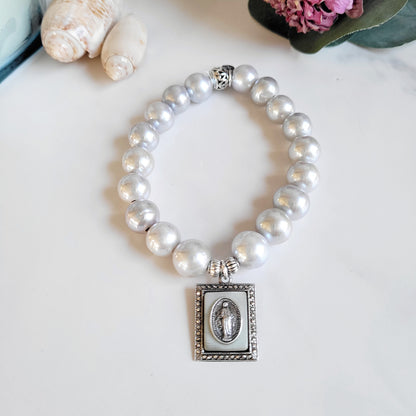 Silver Freshwater Pearl 11mm Beaded Bracelet w/ Miraculous Mary Signed Sterling Silver Layered Medal