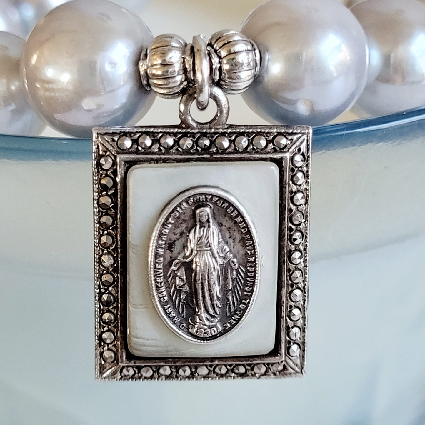 Silver Freshwater Pearl 11mm Beaded Bracelet w/ Miraculous Mary Signed Sterling Silver Layered Medal